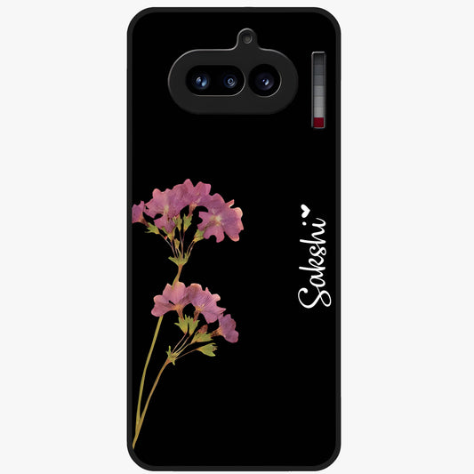 Riching Lavender Flower Custom Name Glass Case showing flat back view with lavender floral artwork and personalized name design.