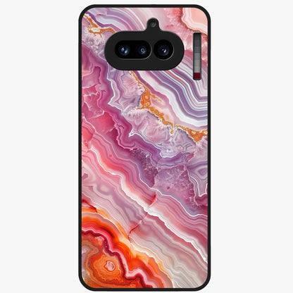 Rose Quartz Marble Glass Case showing flat back view with pink marble quartz texture artwork and glossy glass finish.
