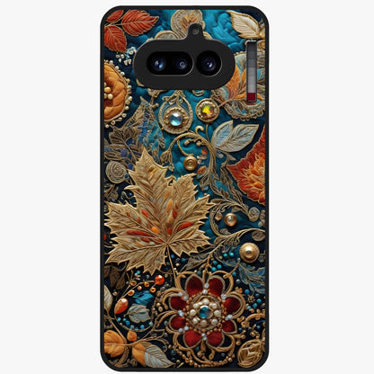 Royal Jewel Garden Glass Case showing flat back view with decorative floral garden artwork and glossy glass finish.