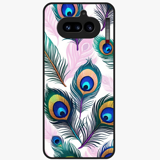Royal Peacock Feathers Glass Case showing flat back view with colorful peacock feather artwork and glossy glass finish.