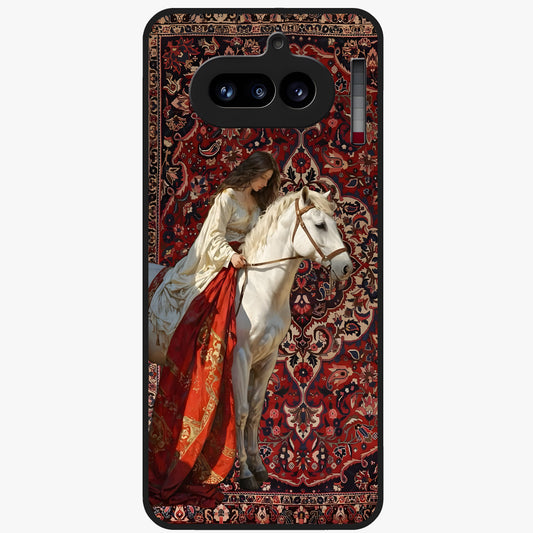 Royal Rider Tapestry Glass Case showing flat back view with majestic horse rider tapestry artwork and glossy glass finish.