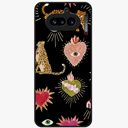 Sacred Jungle Heart Glass Case showing flat back view with jungle inspired heart artwork and glossy glass finish.