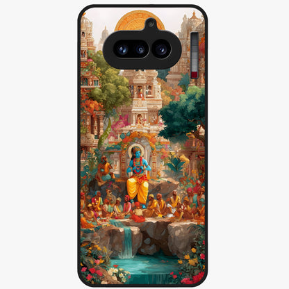 Sacred Sunlight Gods Glass Case showing flat back view with divine sunlight themed artwork and glossy glass finish.