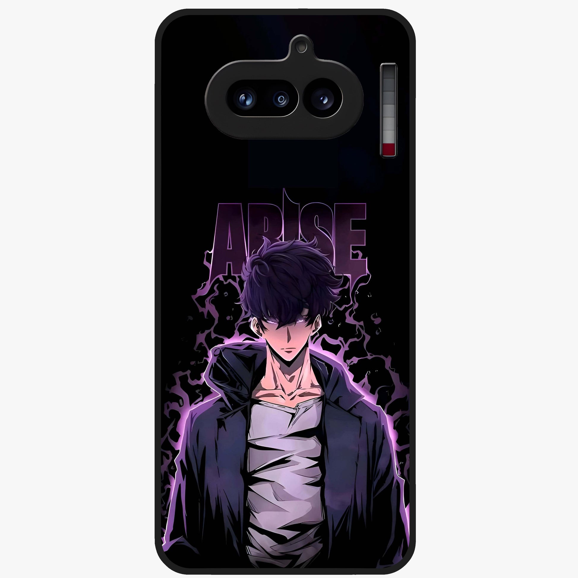 Shadow Monarch Awakening Glass Case showing flat back view with powerful dark monarch themed artwork and glossy glass finish.