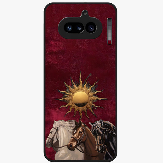 Solar Riders Glass Case showing flat back view with dynamic rider themed artwork and glossy glass finish.