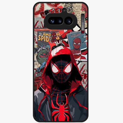 Spider Collage Street Glass Case showing flat back view with vibrant superhero collage artwork and glossy glass finish.