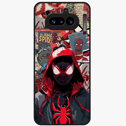 Spider Collage Street Glass Case showing flat back view with vibrant superhero collage artwork and glossy glass finish.