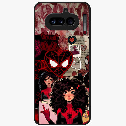 Spider Love Story Glass Case showing flat back view with romantic superhero themed artwork and glossy glass finish.