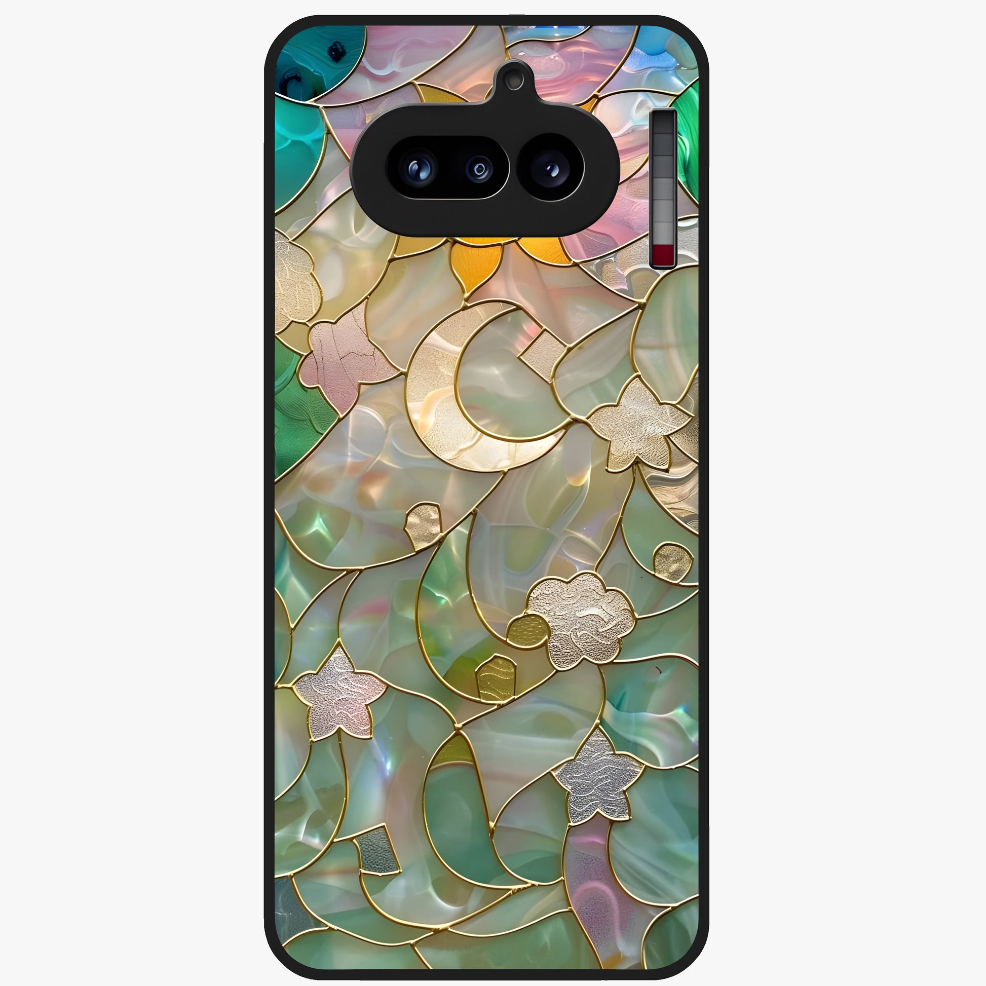 Stained Sunrise Glow Glass Case showing flat back view with glowing sunrise stained pattern artwork and glossy glass finish.