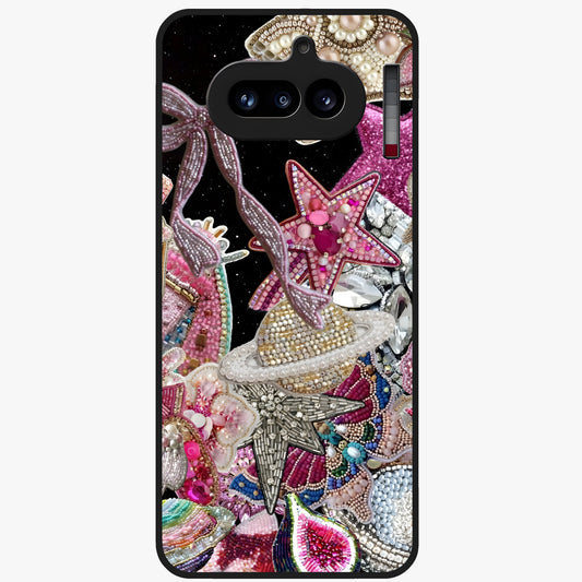 Starlit Jewel Dream Glass Case showing flat back view with sparkling jewel and star themed artwork and glossy glass finish.