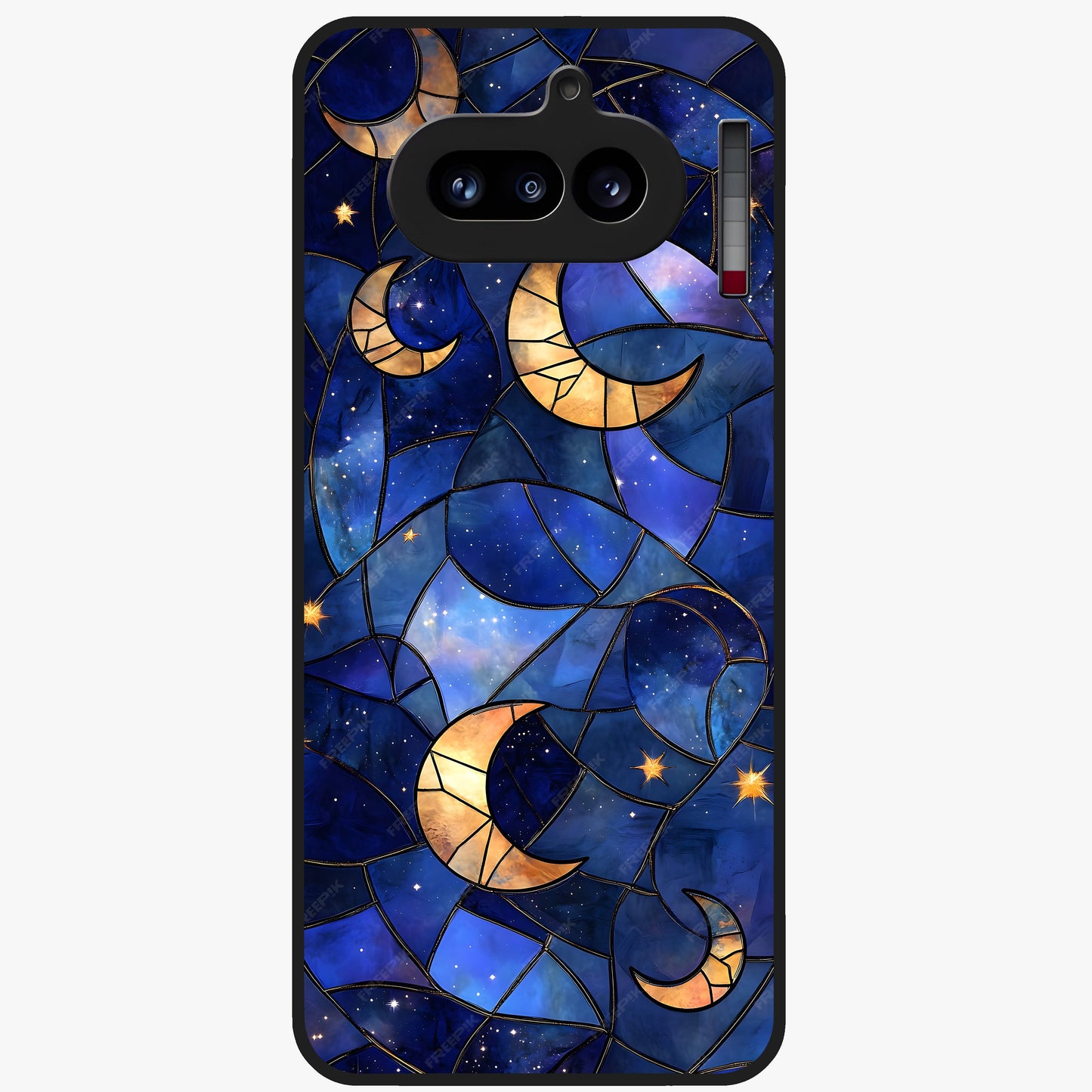 Starlit Sky Tapestry Glass Case showing flat back view with decorative starry sky tapestry artwork and glossy glass finish.