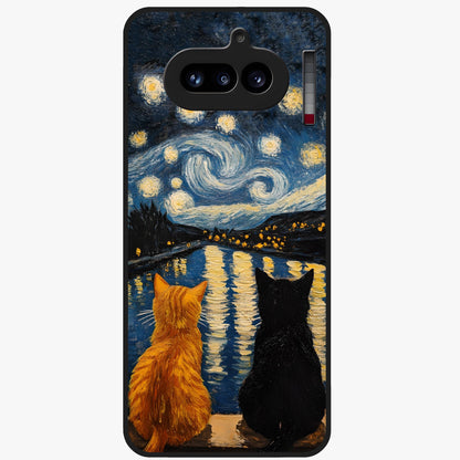 Starry River Cats Glass Case showing flat back view with cats by a starry river artwork and glossy glass finish.