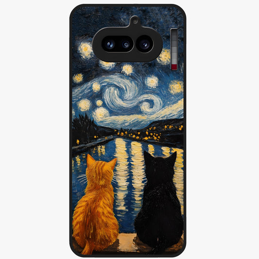 Starry River Cats Glass Case showing flat back view with cats by a starry river artwork and glossy glass finish.