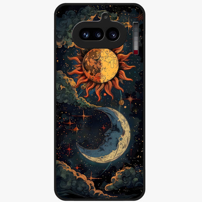 Sun And Moon Magic Design Glass Case showing flat back view with mystical sun and moon artwork and glossy glass finish.