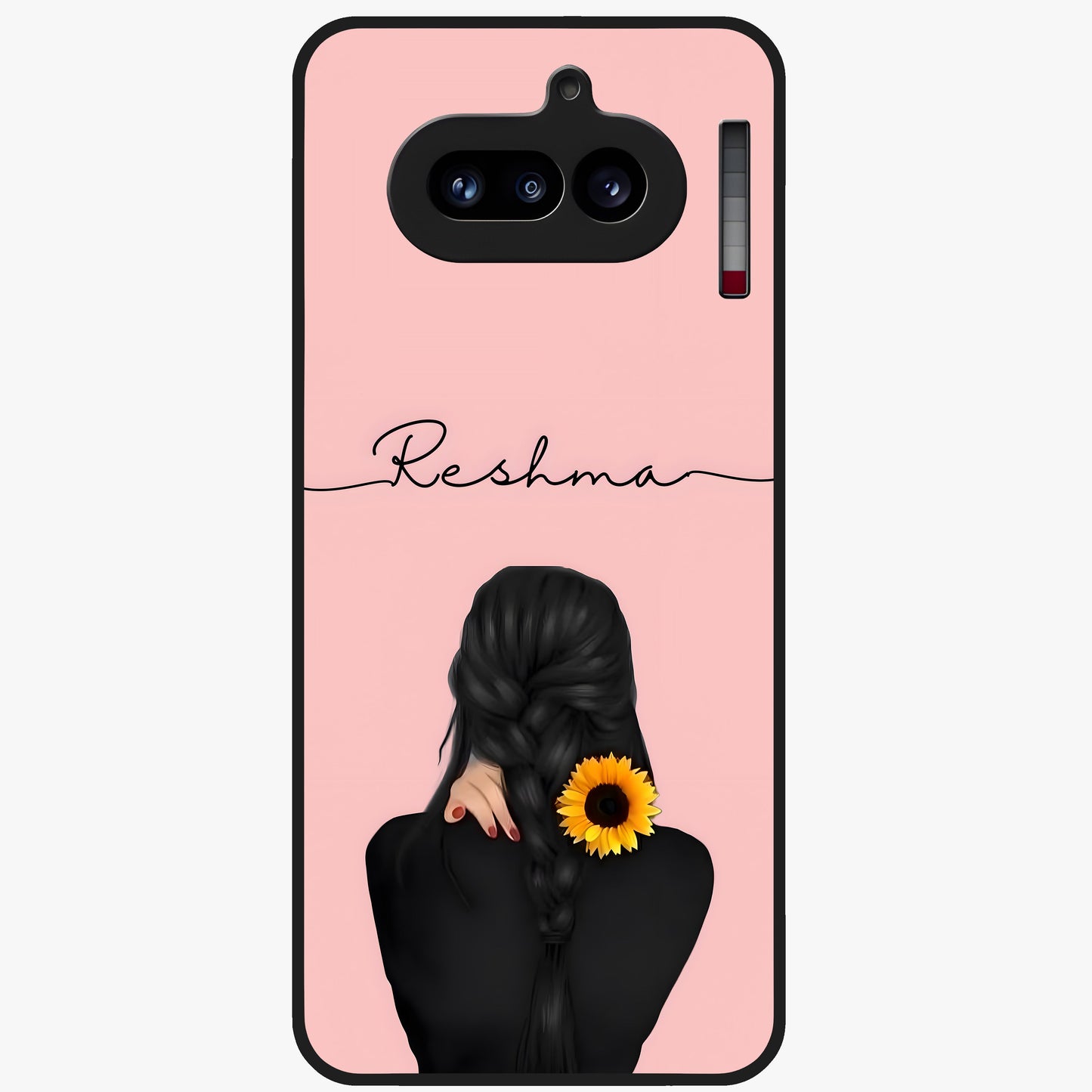 Sunflower Braid Beauty With Custom Name Glass Case showing flat back view with sunflower braid artwork and personalized name design.