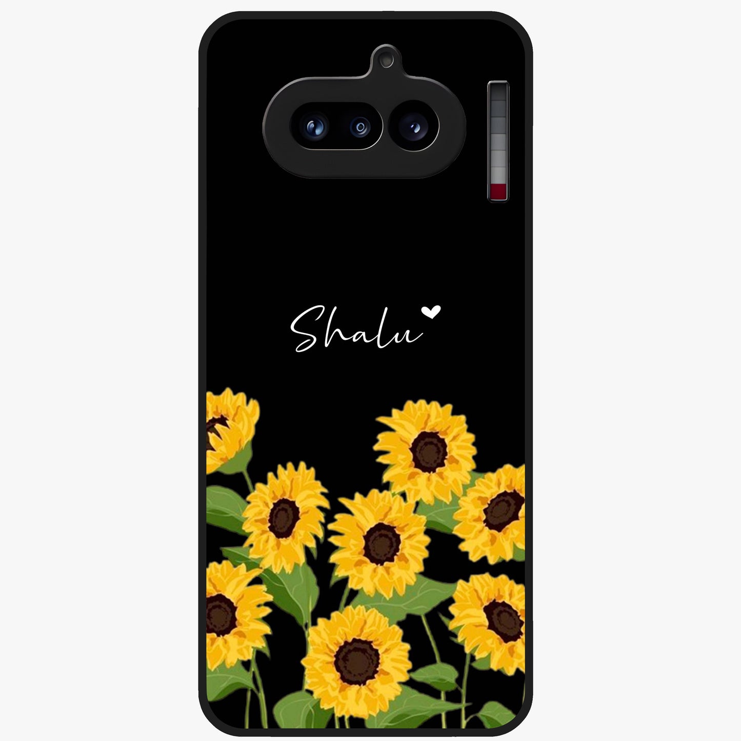 Sunflower Chic Mood Custom Name Glass Case showing flat back view with stylish sunflower artwork and personalized name design.