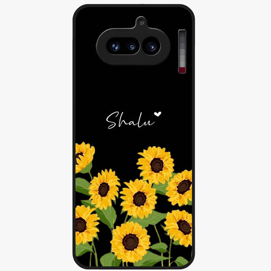 Sunflower Chic Mood Custom Name Glass Case showing flat back view with stylish sunflower artwork and personalized name design.