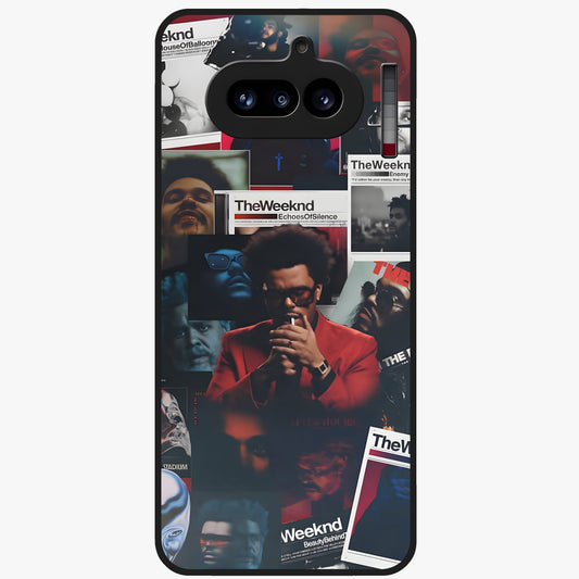 The Weeknd Glass Case showing flat back view with music inspired artistic portrait artwork and glossy glass finish.