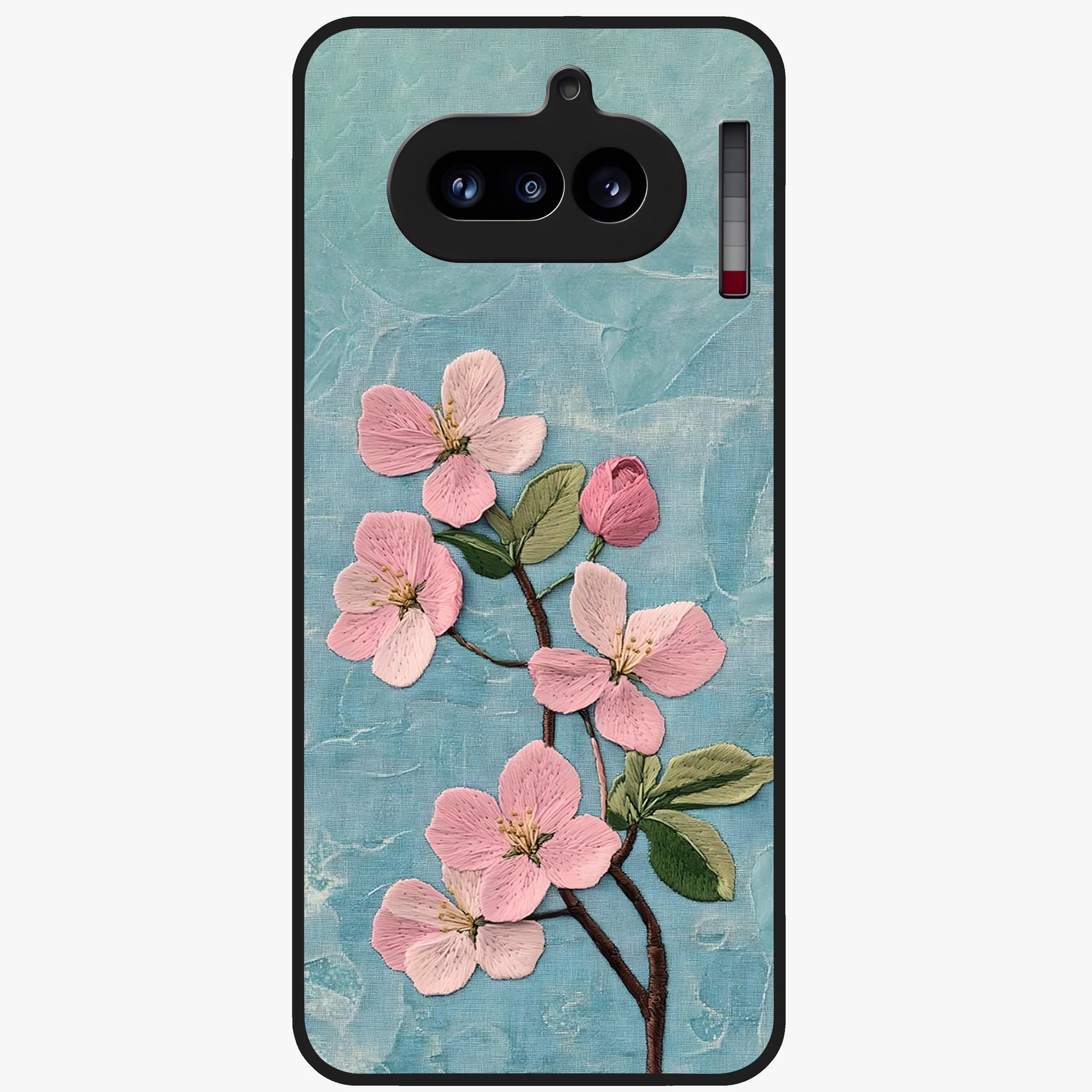 Threaded Blossom Breeze Glass Case showing flat back view with delicate blossom artwork and glossy glass finish.