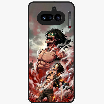 Titan Awakening Fury Glass Case showing flat back view with powerful titan inspired artwork and glossy glass finish.