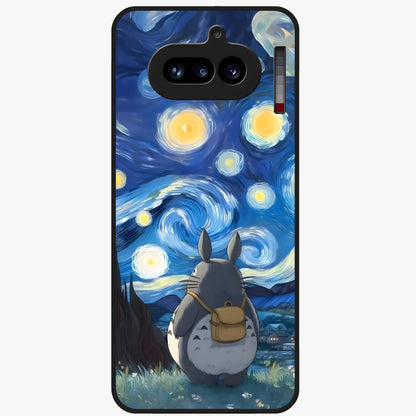Totoro In Van Gogh Art Glass Case showing flat back view with whimsical character artwork inspired by Van Gogh style and glossy glass finish.