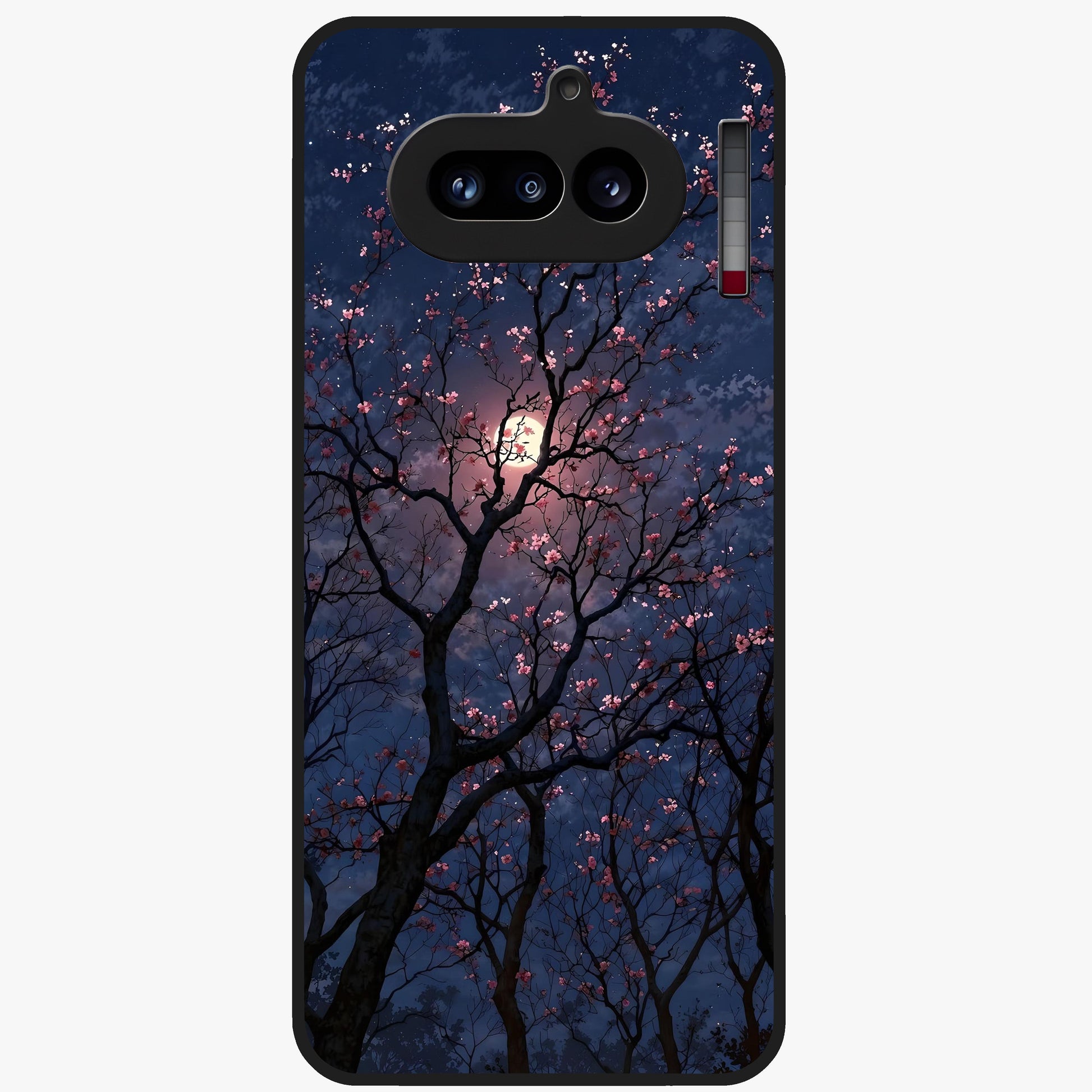 Twilight Sakura Serenade Glass Case showing flat back view with cherry blossom artwork at twilight and glossy glass finish.