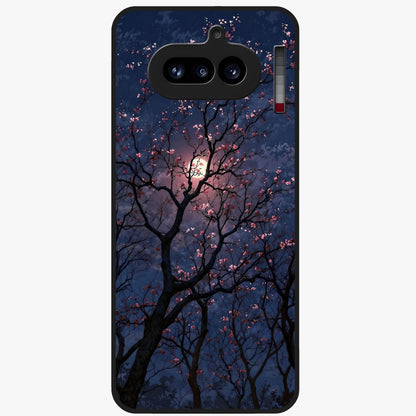 Twilight Sakura Serenade Glass Case showing flat back view with cherry blossom artwork at twilight and glossy glass finish.