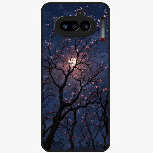 Twilight Sakura Serenade Glass Case showing flat back view with cherry blossom artwork at twilight and glossy glass finish.