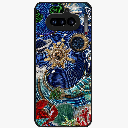 Universe Underwater Spark Glass Case showing flat back view with cosmic underwater themed artwork and glossy glass finish.