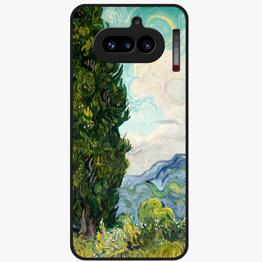 Van Gogh Vintage Art Glass Case showing flat back view with vintage painterly artwork inspired by Van Gogh style and glossy glass finish.