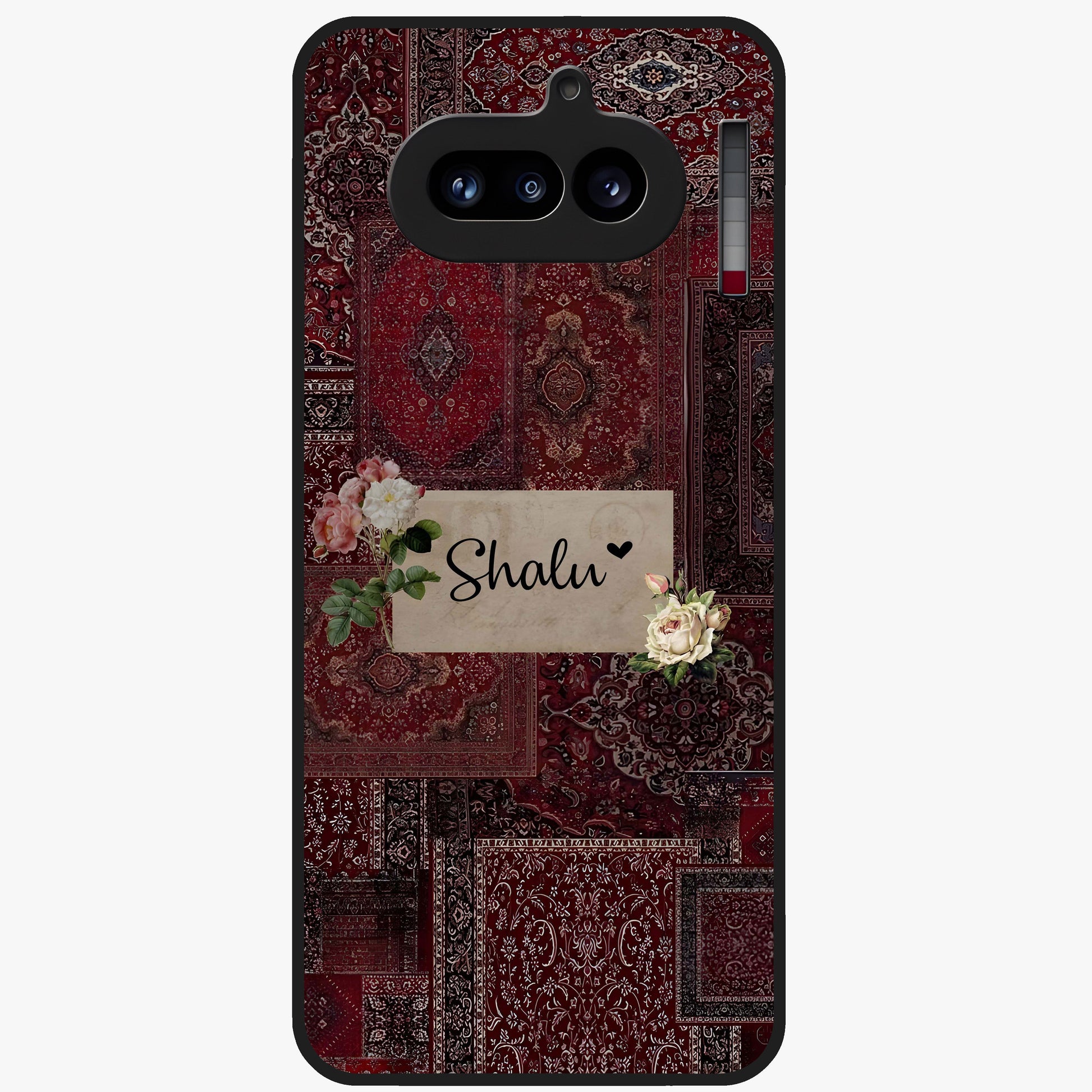 Velvet Wine Pattern Custom Name Glass Case showing flat back view with elegant wine colored pattern artwork and personalized name design.