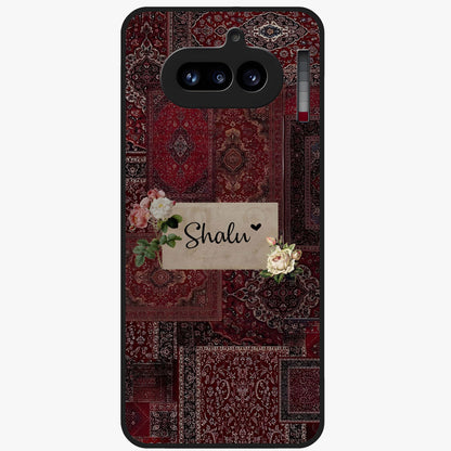 Velvet Wine Pattern Custom Name Glass Case showing flat back view with elegant wine colored pattern artwork and personalized name design.