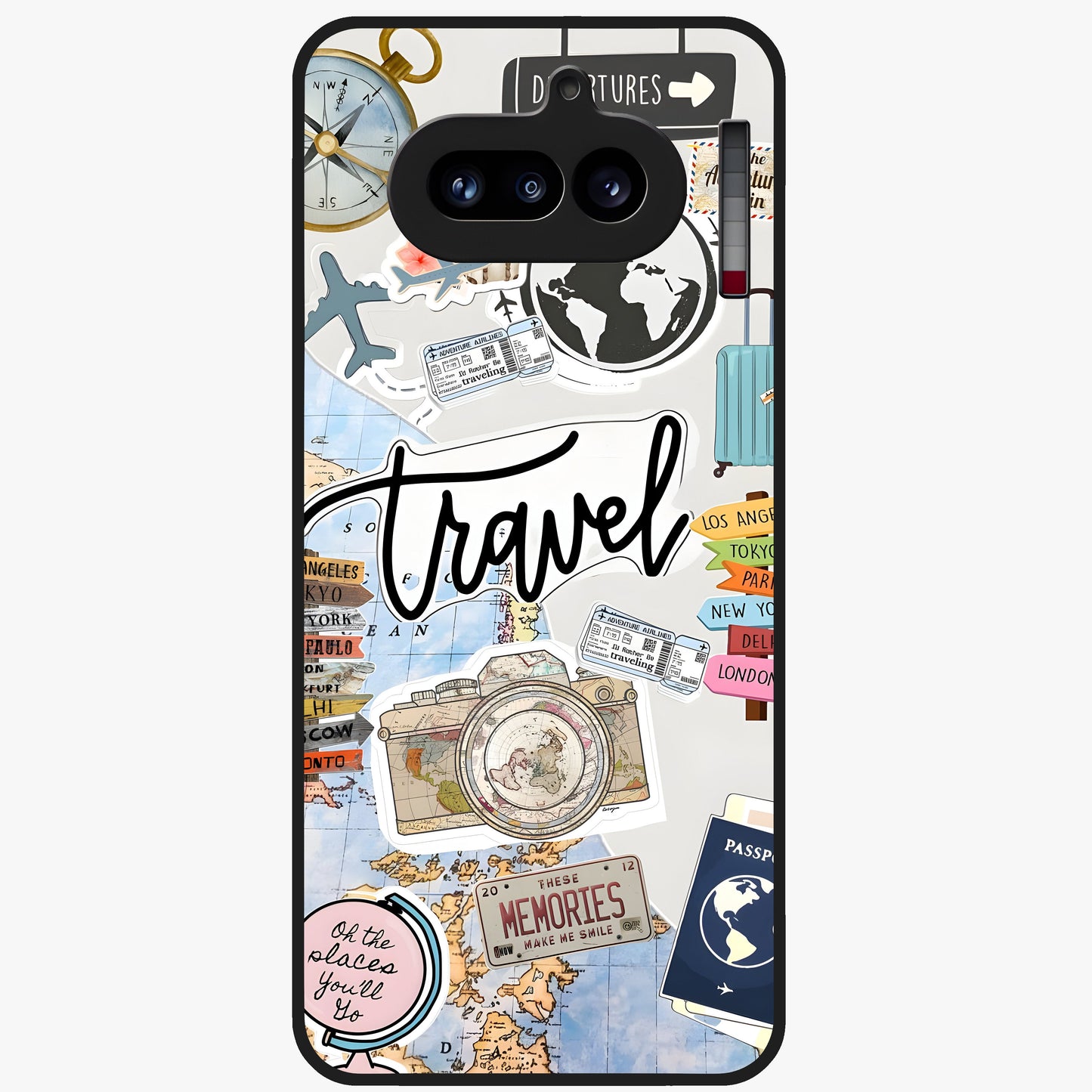 Wanderlust Journal Glass Case showing flat back view with travel inspired artwork and glossy glass finish.