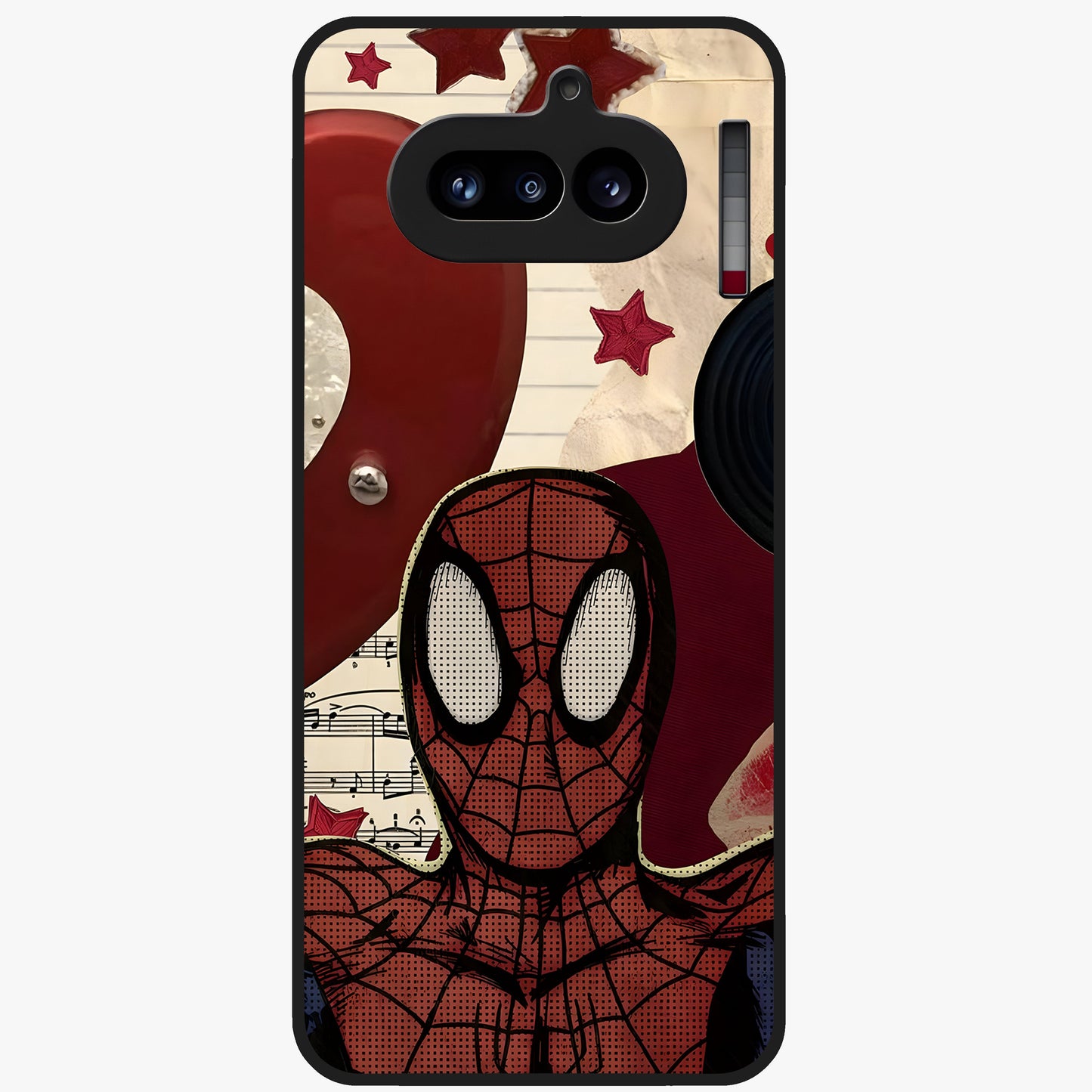 Web Warrior Vibes Glass Case showing flat back view with superhero inspired web themed artwork and glossy glass finish.