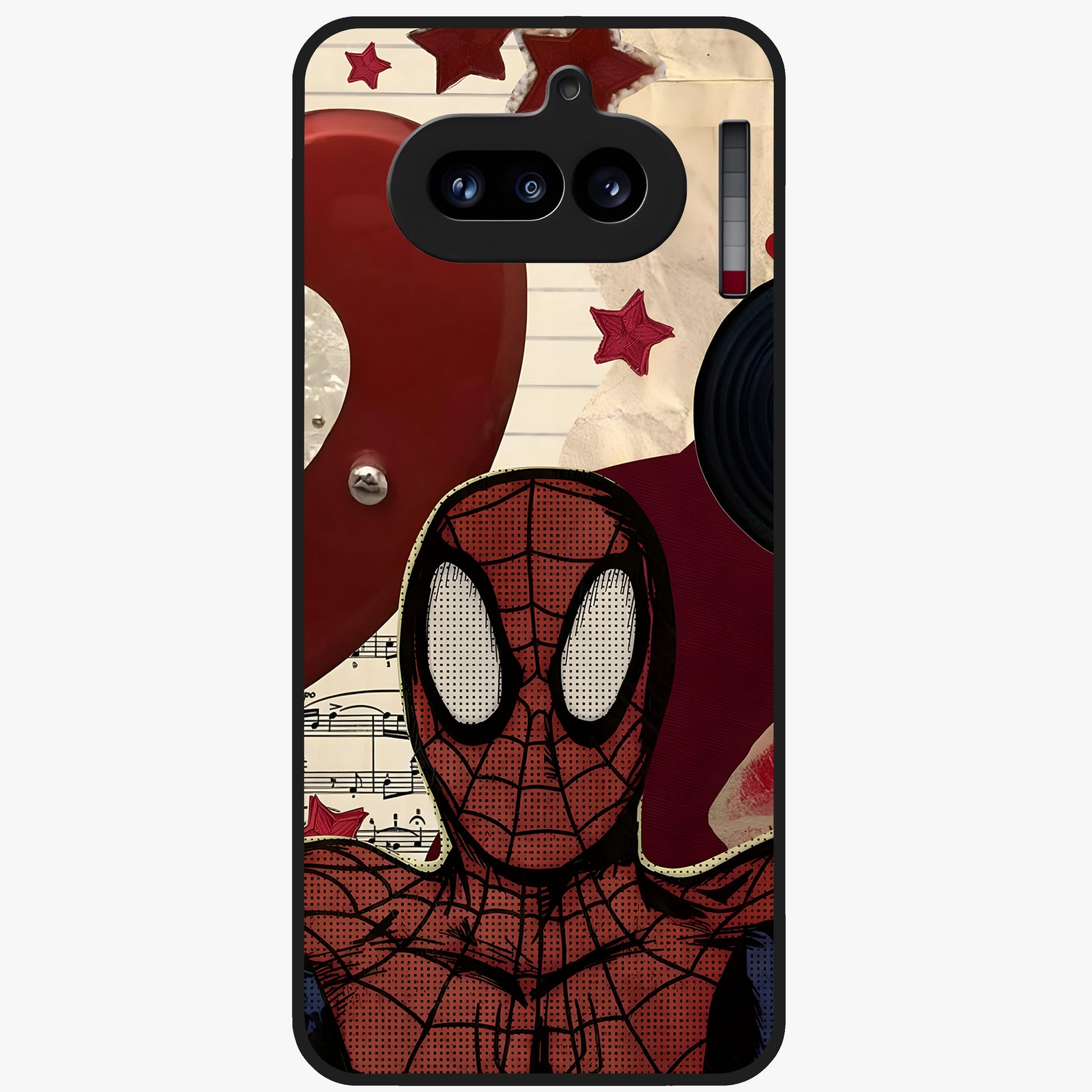 Web Warrior Vibes Glass Case showing flat back view with superhero inspired web themed artwork and glossy glass finish.