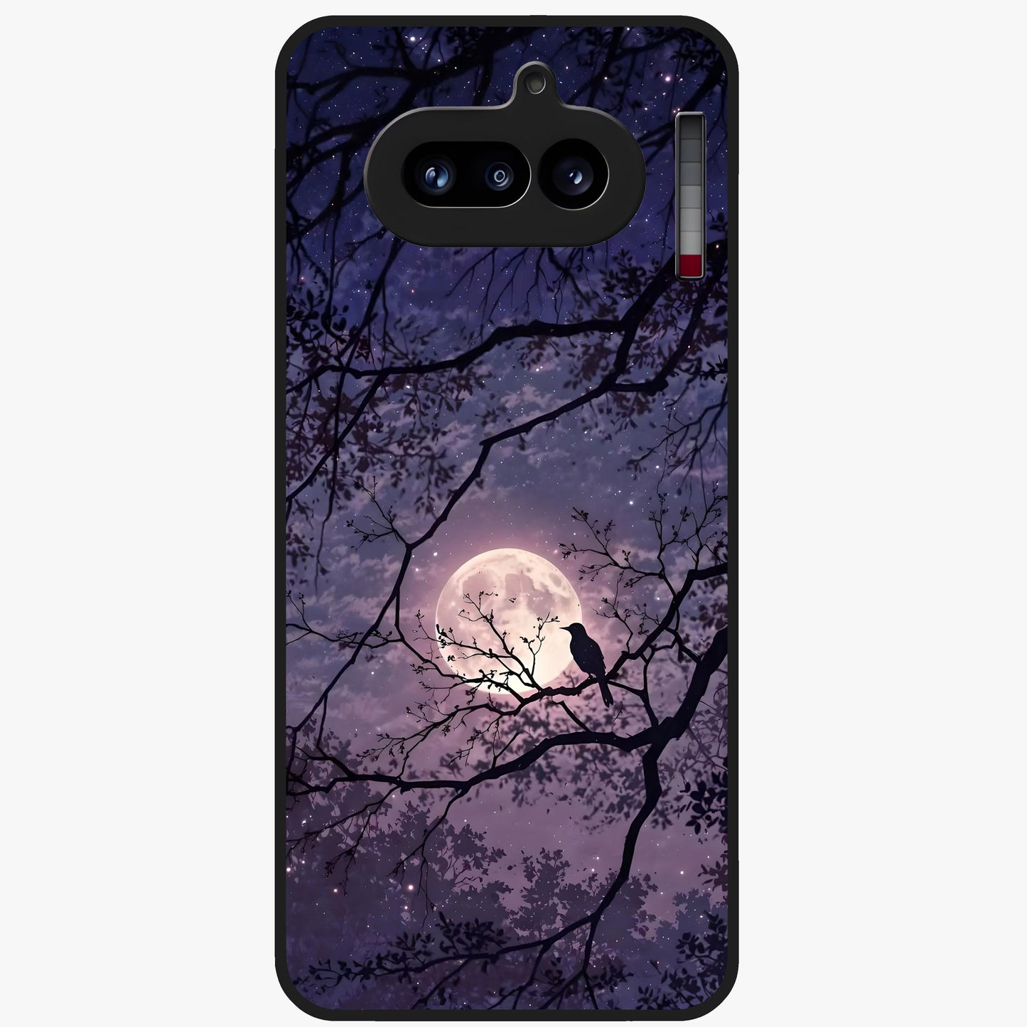 Whispering Moon Silence Glass Case showing flat back view with serene moon themed artwork and glossy glass finish.