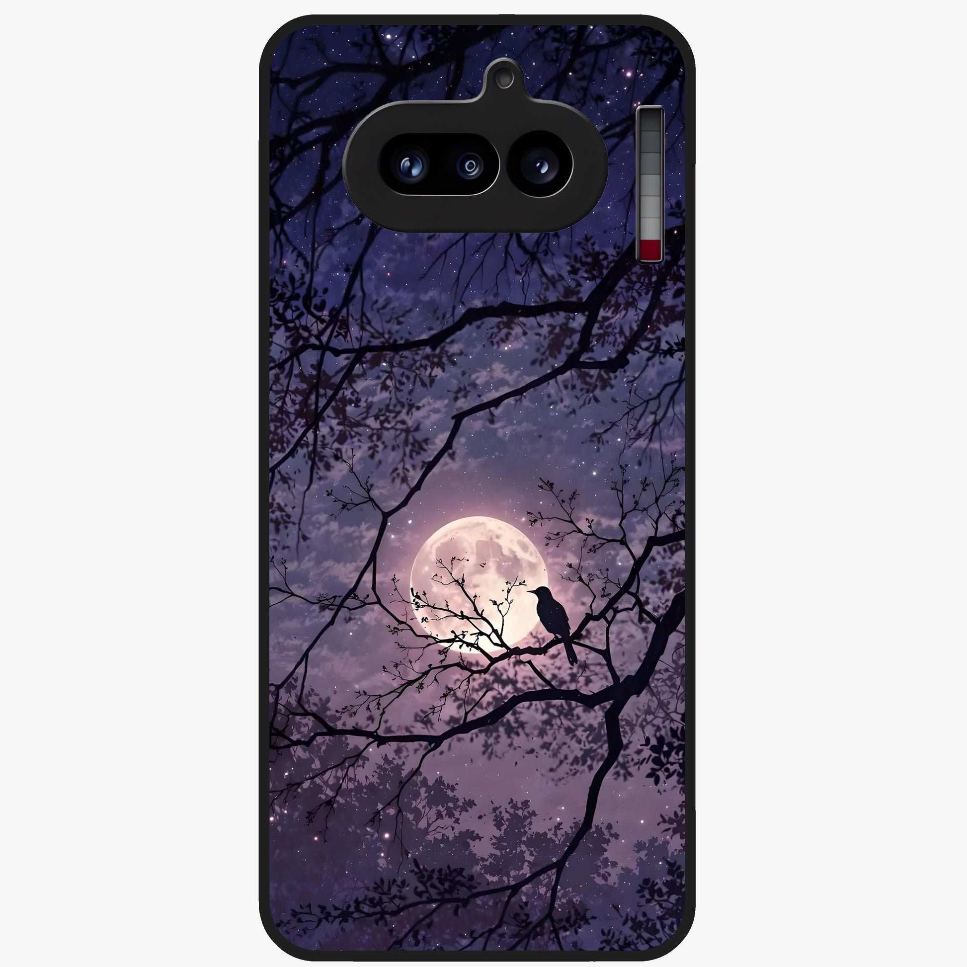 Whispering Moon Silence Glass Case showing flat back view with serene moon themed artwork and glossy glass finish.