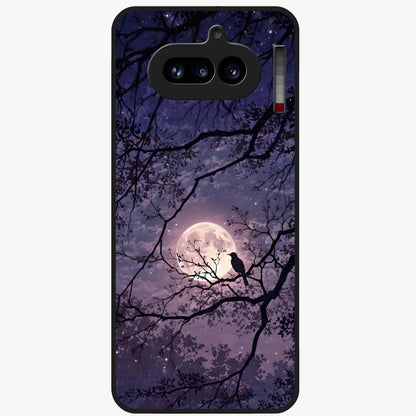 Whispering Moon Silence Glass Case showing flat back view with serene moon themed artwork and glossy glass finish.