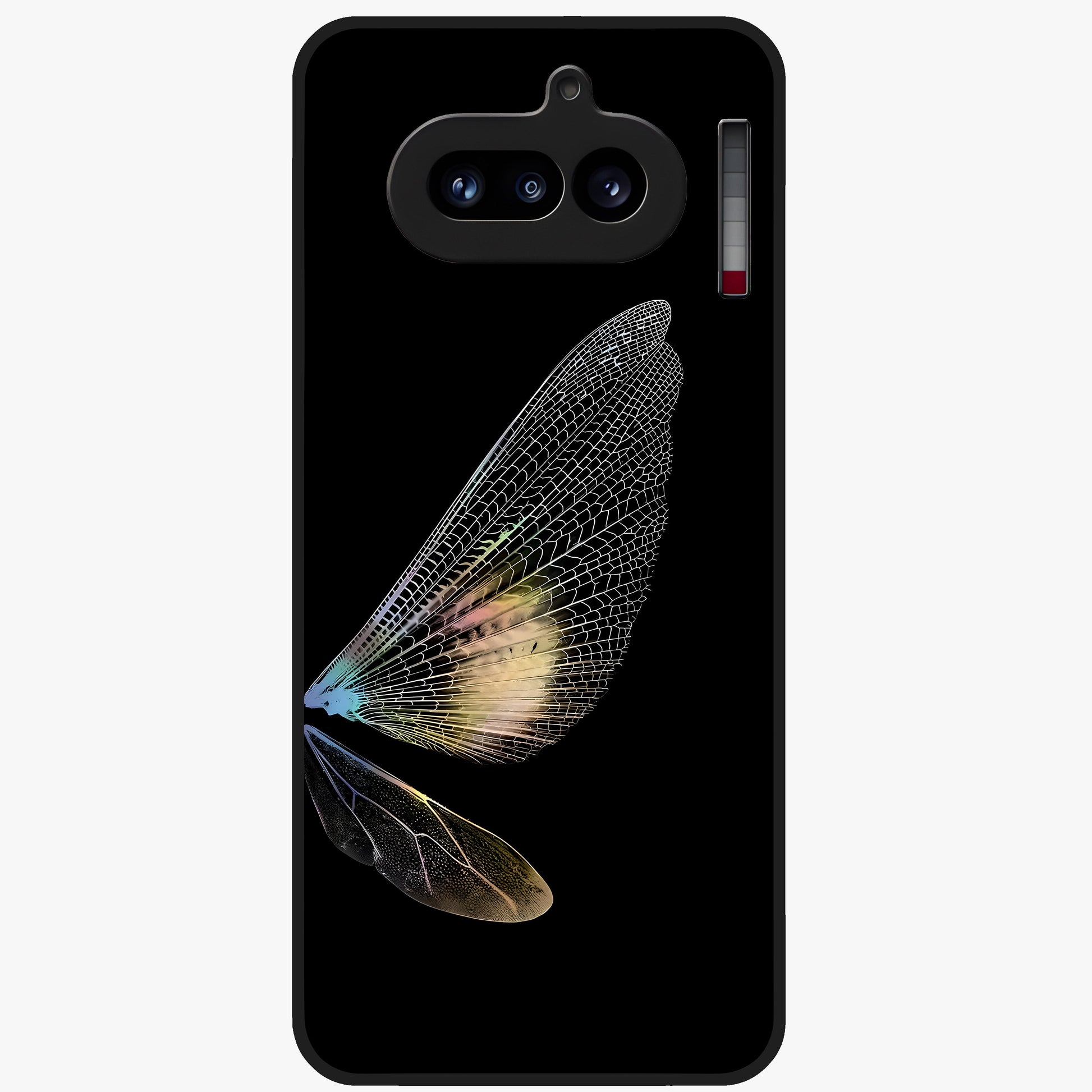 Whispers Of Wings Glass Case showing flat back view with graceful wing inspired artwork and glossy glass finish.