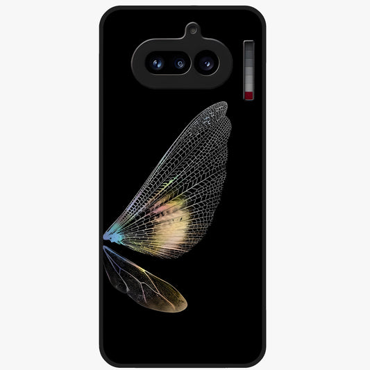 Whispers Of Wings Glass Case showing flat back view with graceful wing inspired artwork and glossy glass finish.