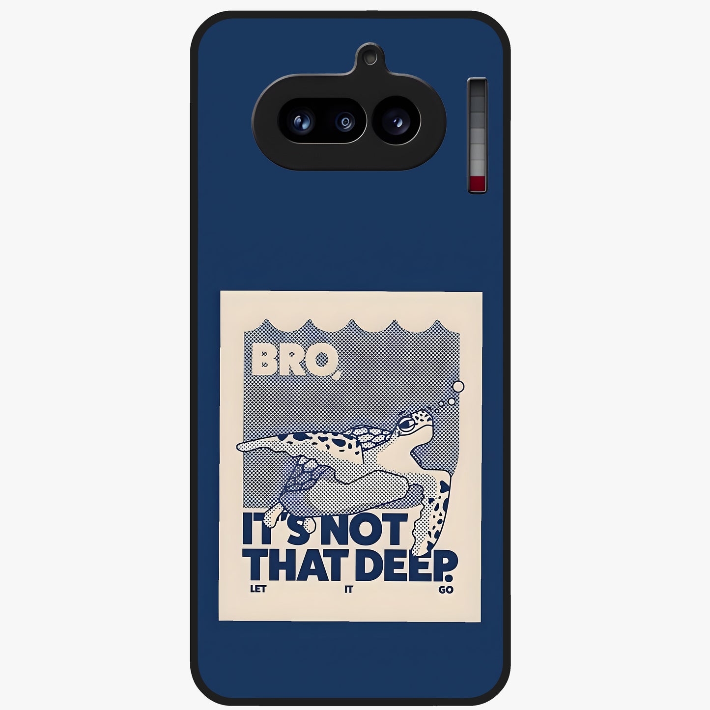 Worry Less Swim Glass Case showing flat back view with playful motivational artwork and glossy glass finish.