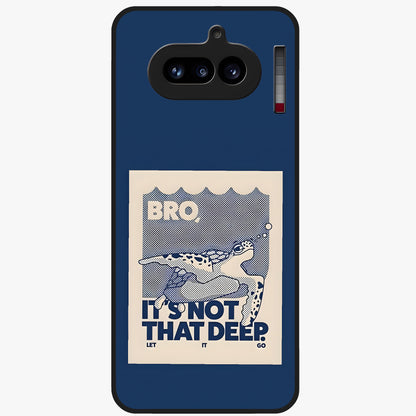 Worry Less Swim Glass Case showing flat back view with playful motivational artwork and glossy glass finish.
