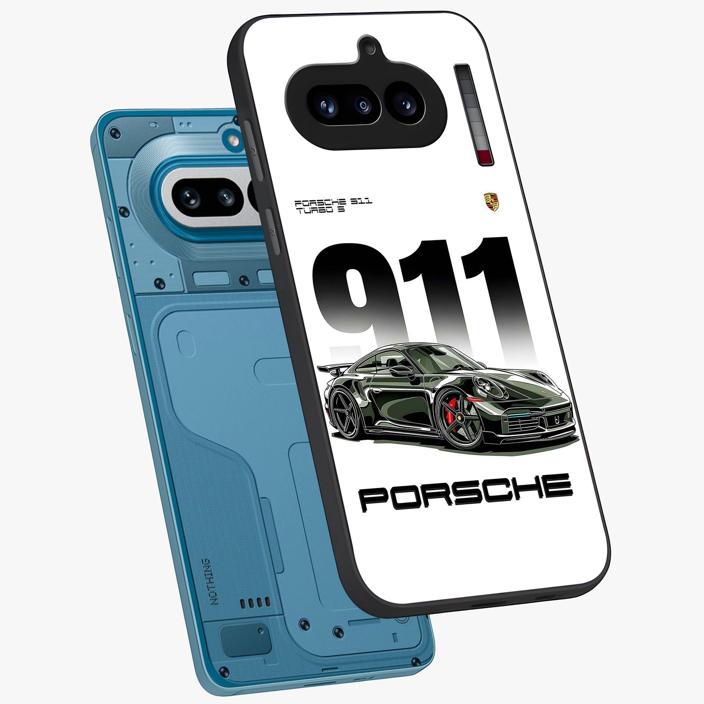911 Turbo Dominance Glass Case displayed in premium angled mockup highlighting sporty car illustration and sleek glass surface.