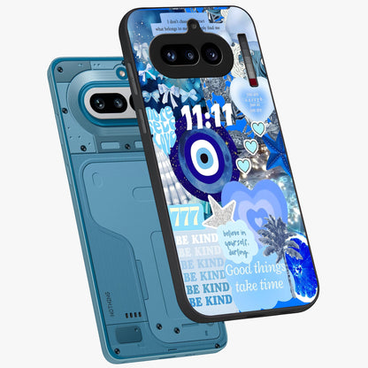 Aesthetic Be Kind Eye Glass Case displayed in angled mockup highlighting aesthetic eye design and inspirational vibe.