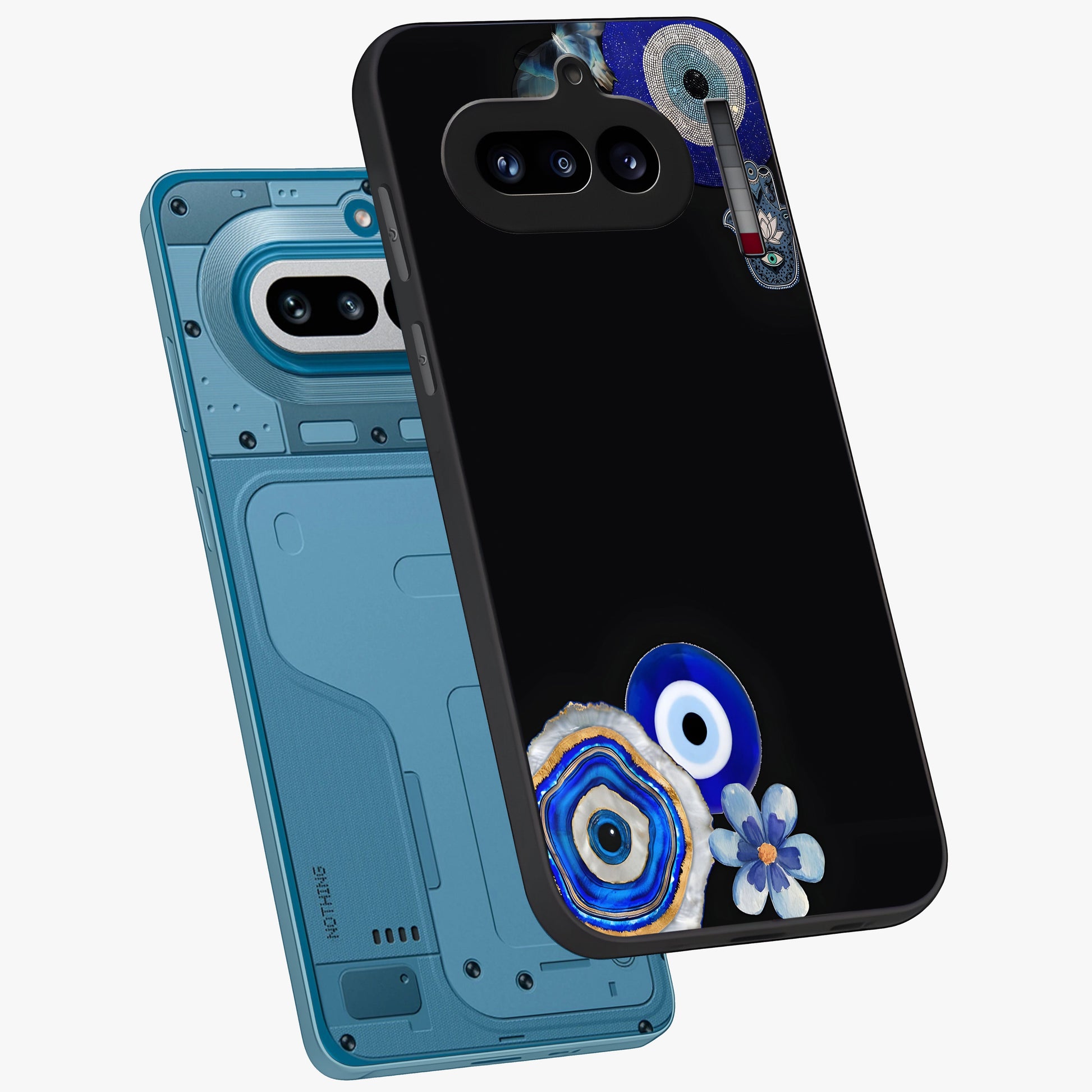 Aesthetic Blue Evil Eye Glass Case displayed in angled mockup highlighting blue evil eye symbol and spiritual aesthetic design.