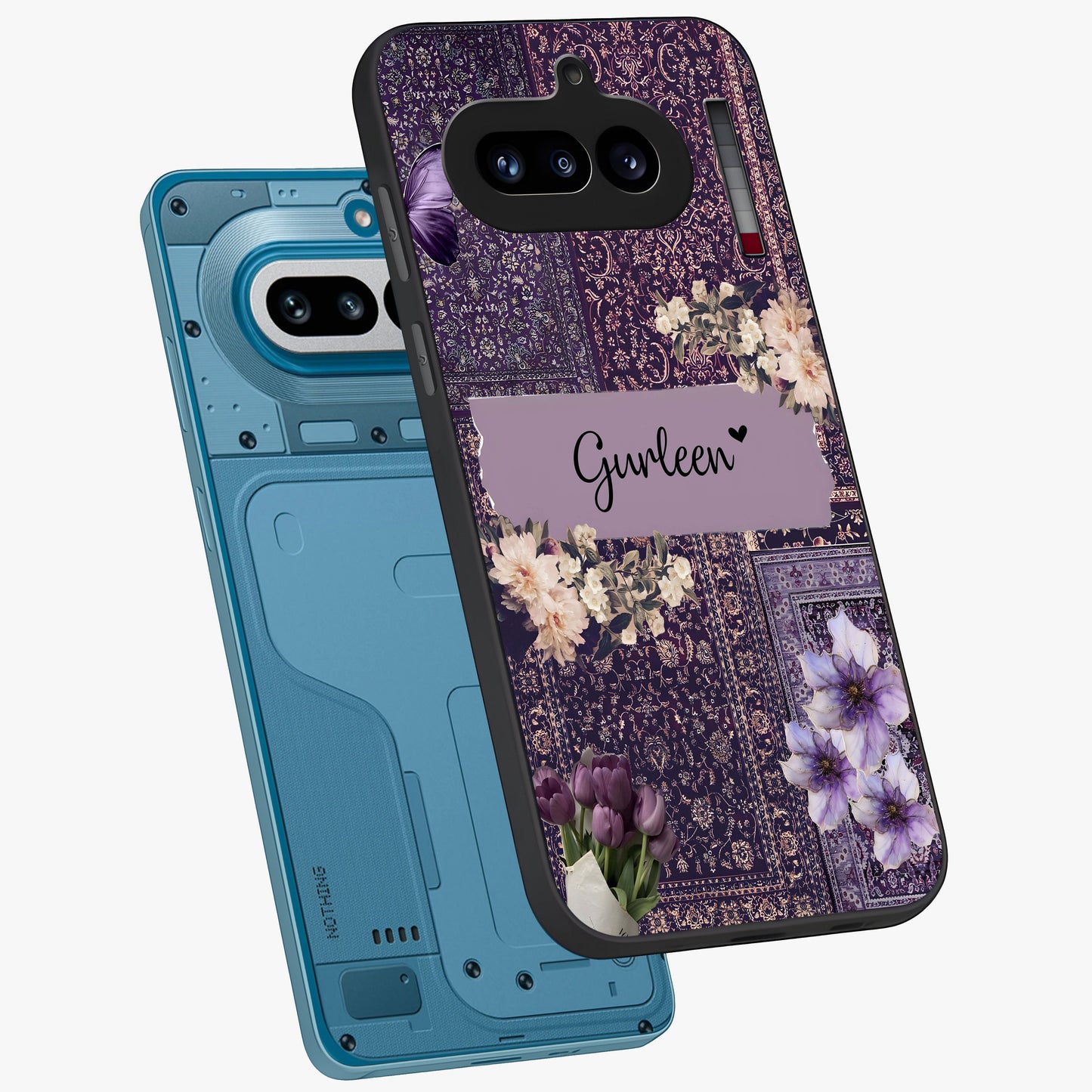 Antique Floral Whisper Custom Name Glass Case displayed in angled mockup highlighting elegant antique floral aesthetic.