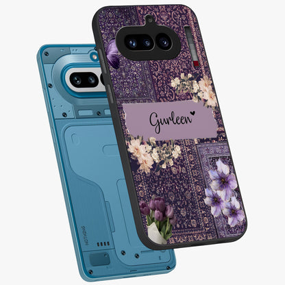 Antique Floral Whisper Custom Name Glass Case displayed in angled mockup highlighting elegant antique floral aesthetic.