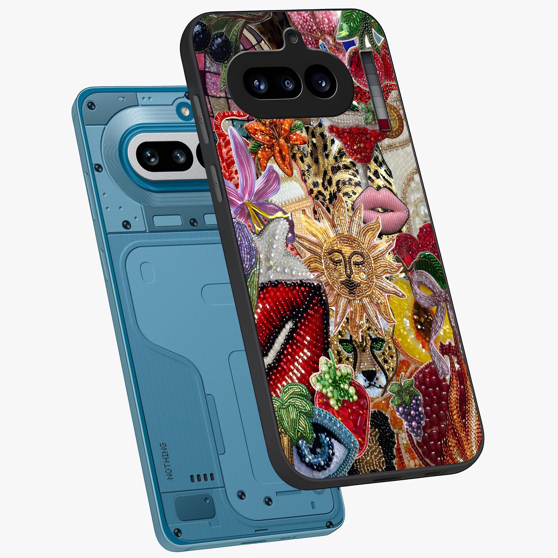 Beaded Fashion Jungle Glass Case displayed in angled mockup highlighting colorful fashion bead design and artistic pattern.