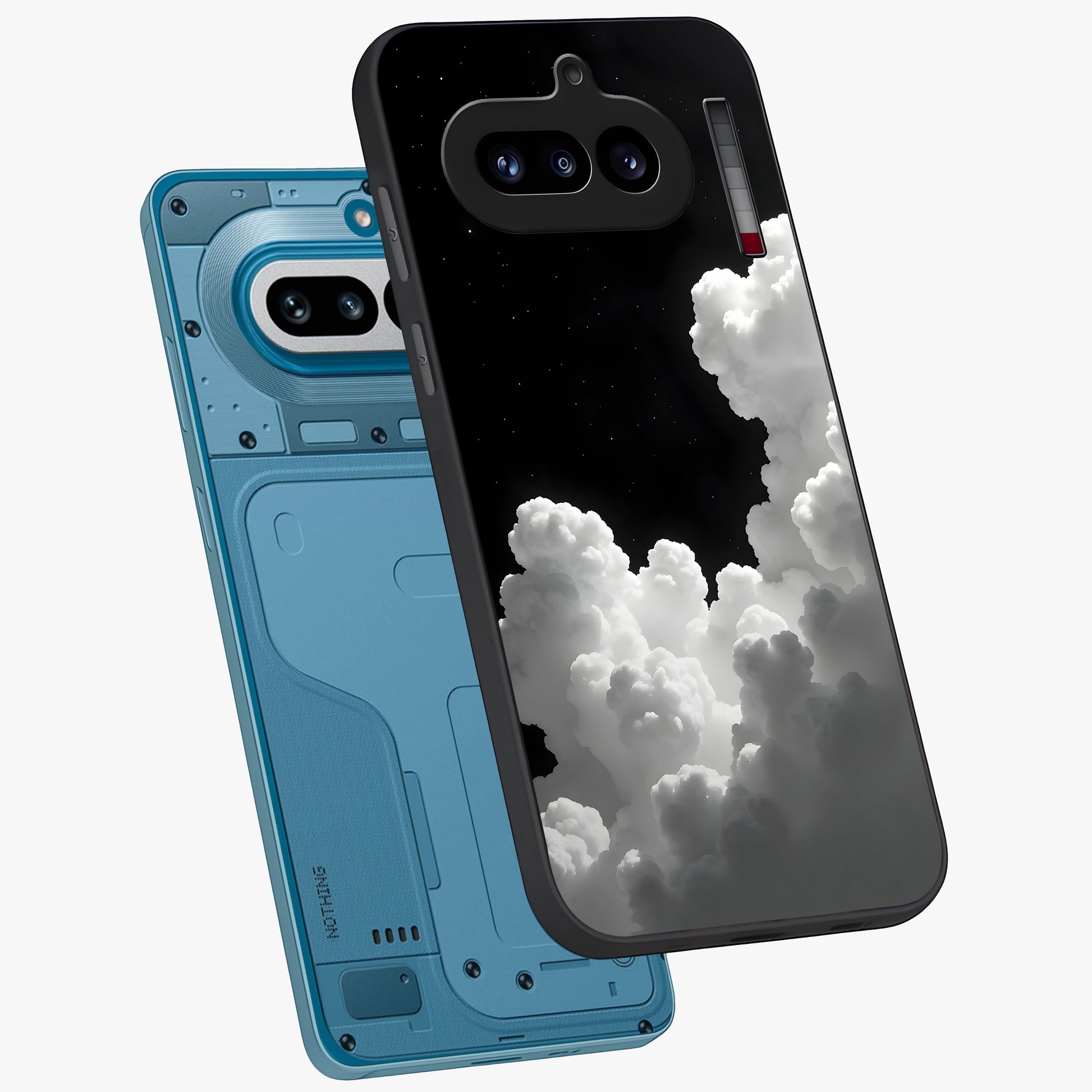 Black Background With White Cloud Glass Case displayed in angled mockup highlighting soft white cloud illustration and minimal design.