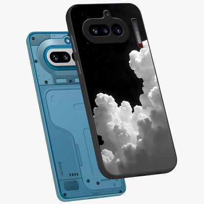 Black Background With White Cloud Glass Case displayed in angled mockup highlighting soft white cloud illustration and minimal design.